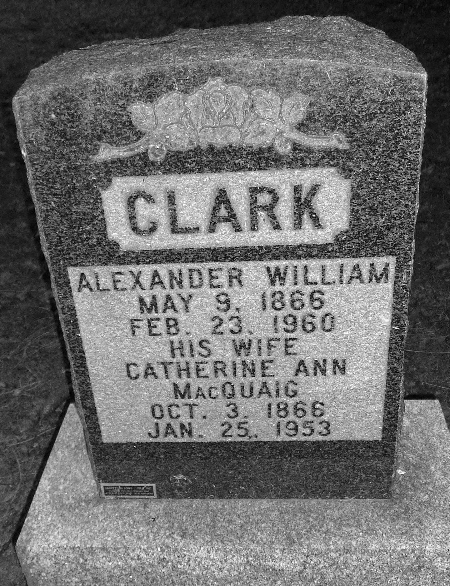 Photo of headstones/Alexander W Clark d1960 & Catherine Ann McCuiag d1953 hdstn McLaughlin Cem, Vankleek Hill, Ont